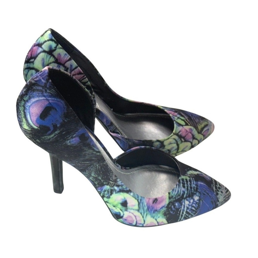 BCBG Paris Peacock Feather Print Pointed Toe Stiletto Pumps Blue Size 7.5B
